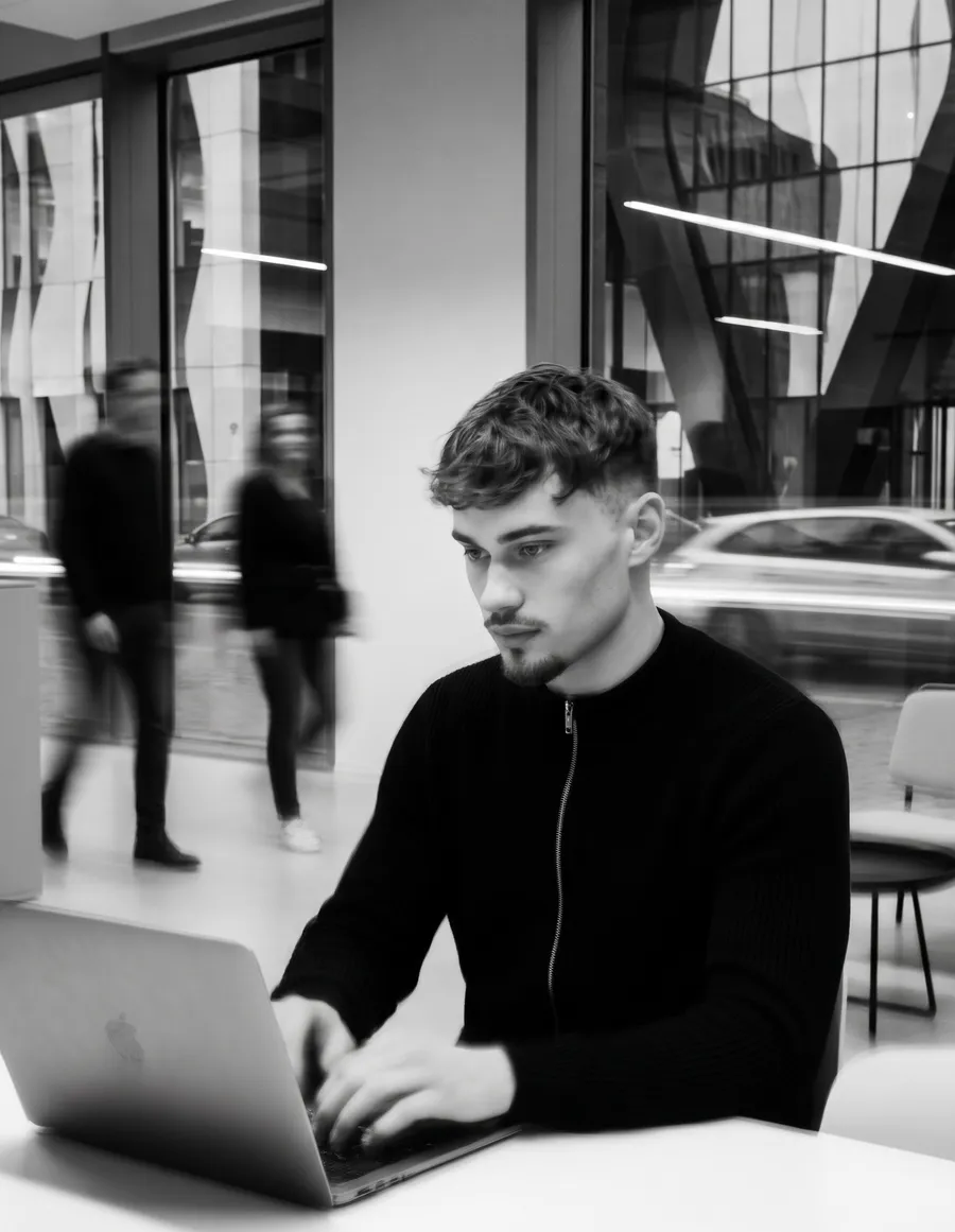 De oprichter van Dynique aan het werk achter zijn laptop